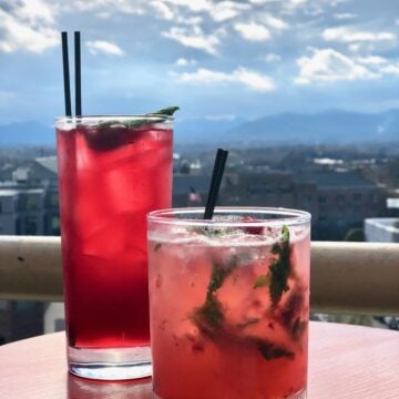 two pink cocktails on a table overlooking the Asheville skyline