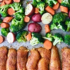veggies and chicken on a sheet pan
