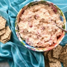 Smoked Pimento-Jack Cheese in a floral bowl with crackers