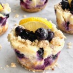blueberry cheesecake cupcakes with blueberry topping and a lemon slice on top.
