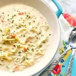 creamy chicken noodle soup in a white bowl with blue handles