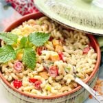 southern macaroni salad with tomatoes, cheese and celery