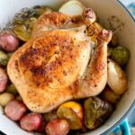 whole chicken roasted in a dutch oven oven a bed of vegetables.