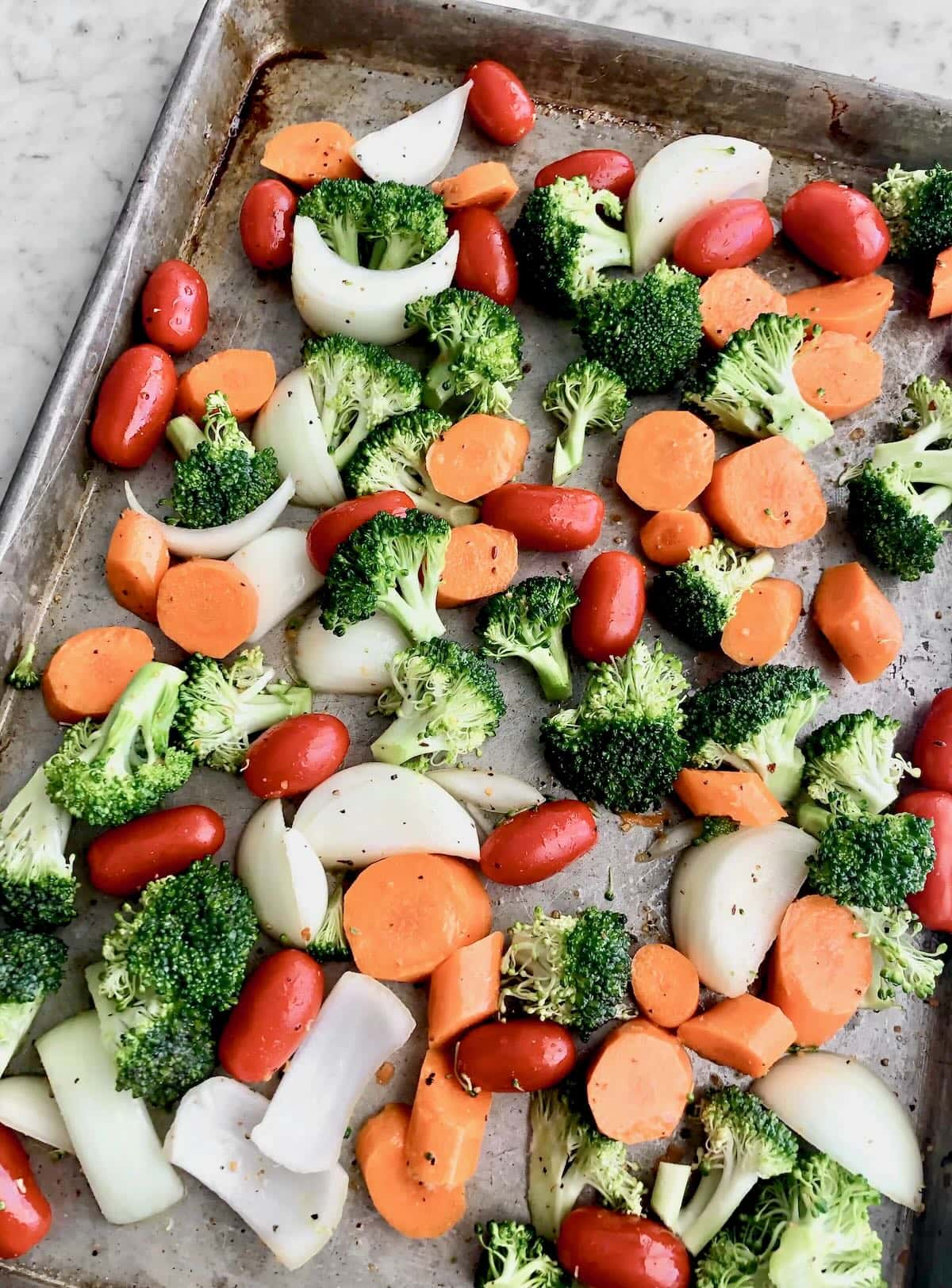 roasted veggies on a sheet pan.
