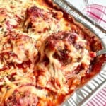 ziti with meatball on a spoon