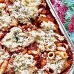 baked ziti on a colorful floral napkin