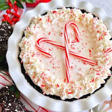 candy cane pie made on a chocolate Oreo cookie crust.