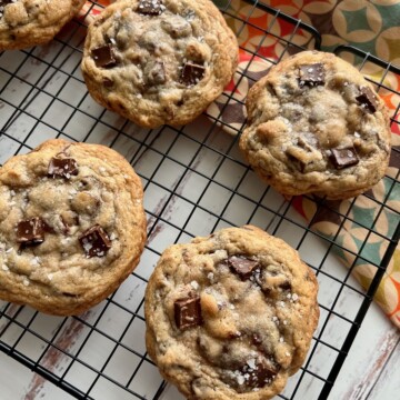 pecan chocolate chip cookies after coming out of the oven.