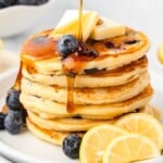 Blueberry Lemon Pancakes with syrup.