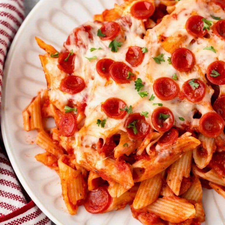 Pepperoni Pizza Casserole served with mozzarella cheese and mini pepperoni.