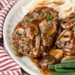 Old fashioned salisbury steak with mushroom and onion gravy.