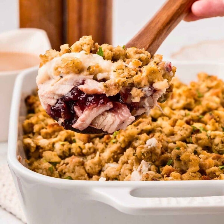 Leftover Turkey Casserole being served out of a baking dish.