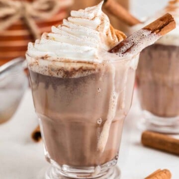 Pumpkin Spice Hot Cocoa with whipped cream and a cinnamon stick.
