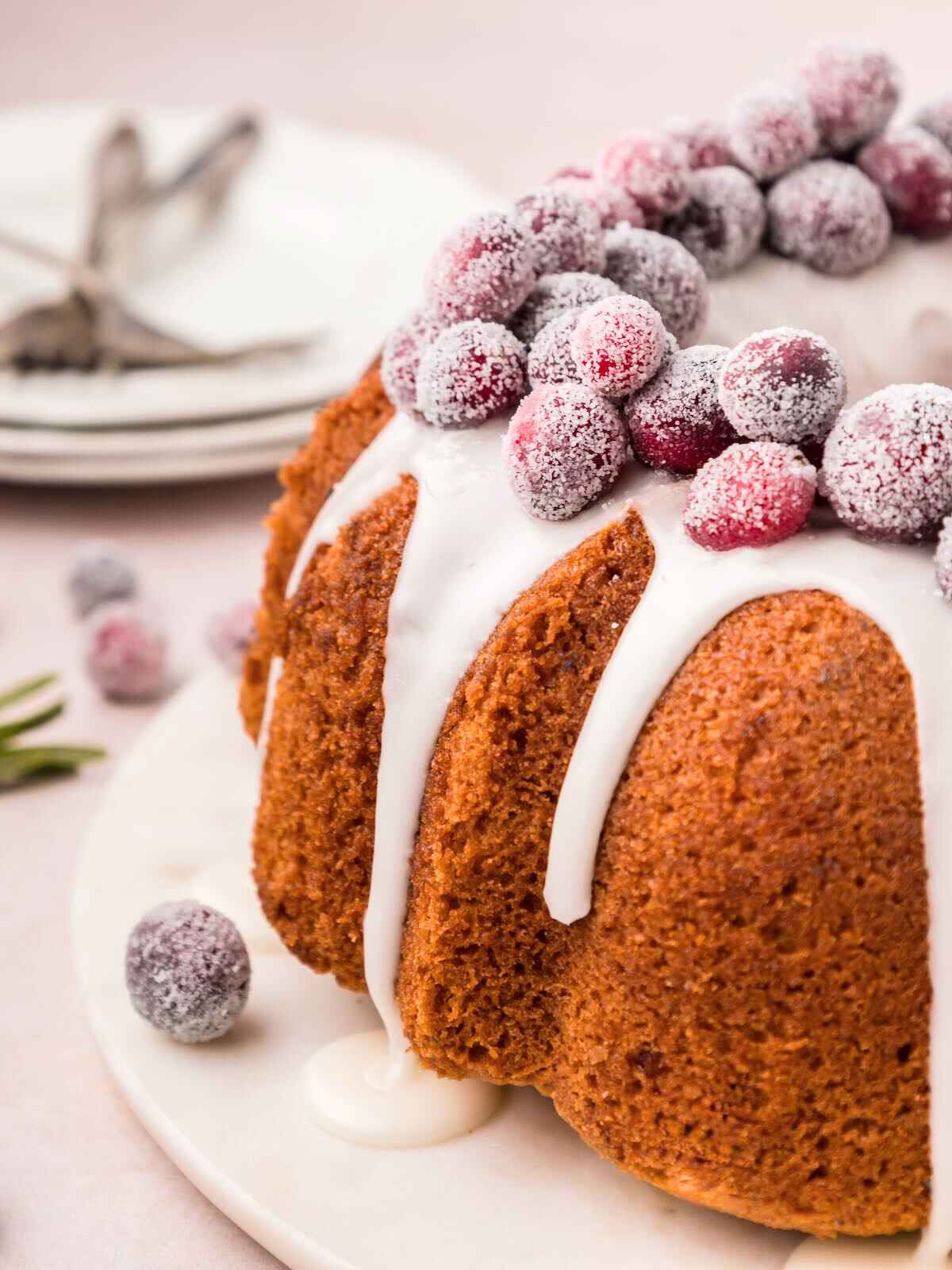 Side view of sugared cranberries on top of cake.