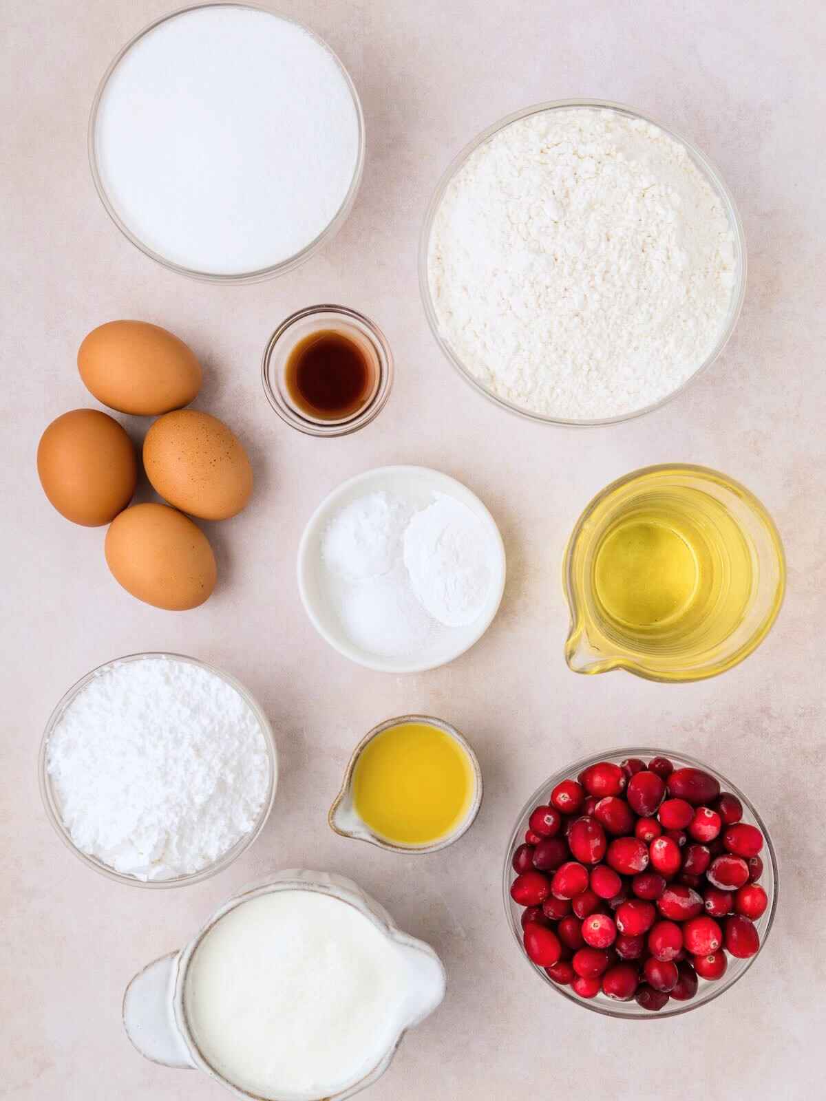 Ingredients needed for orange cranberry bundt cake.