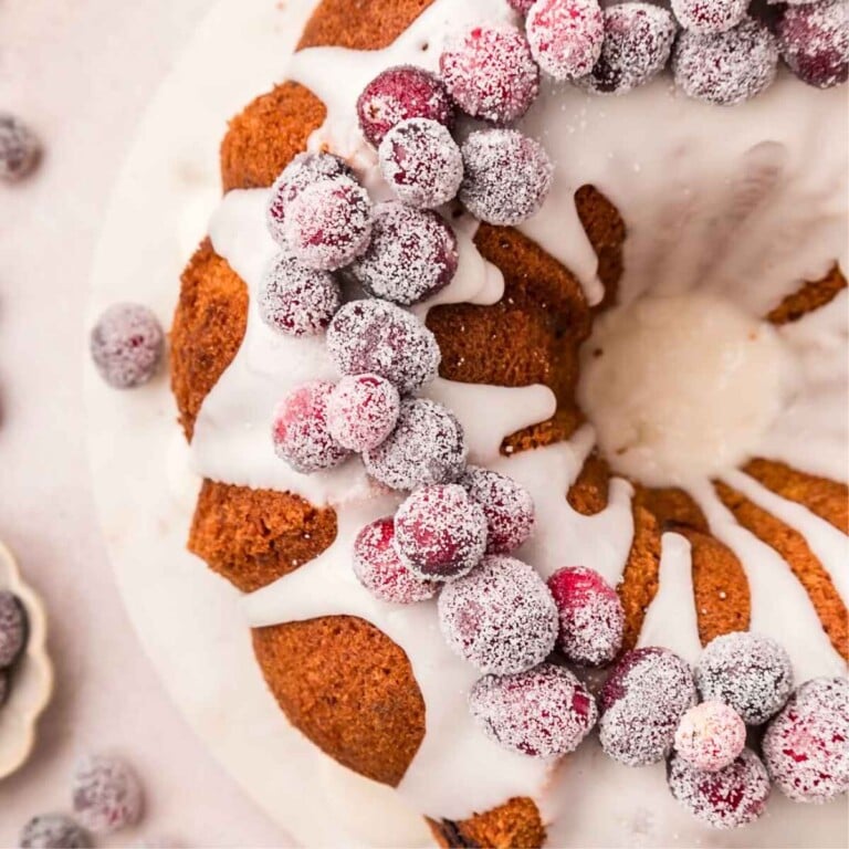 Orange Cranberry Bundt Cake with sugared cranberries.
