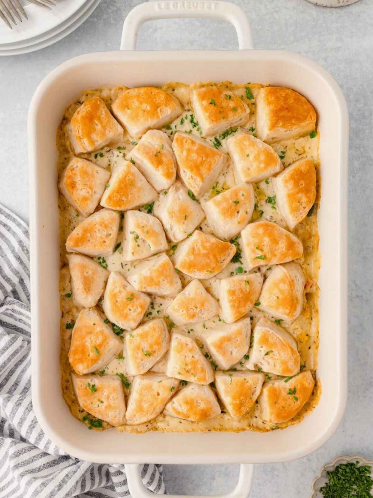Biscuits baked on top of chicken casserole.