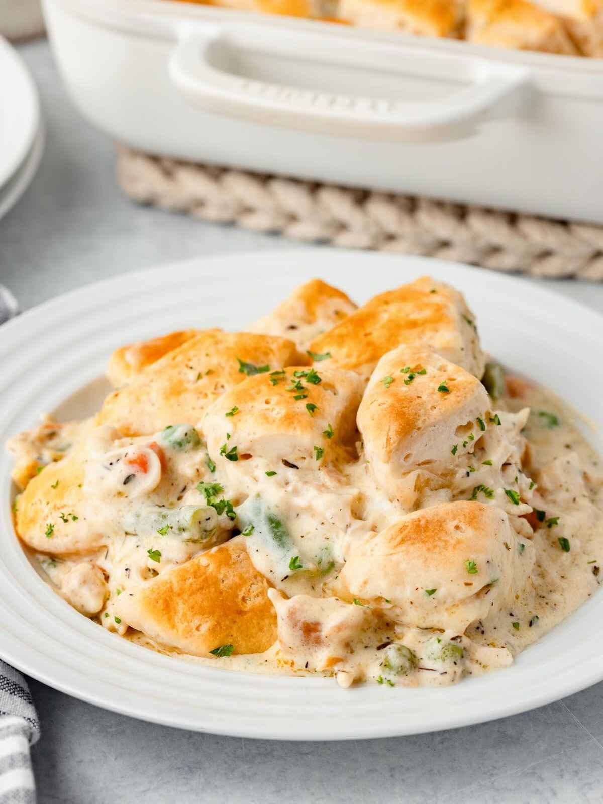 Chicken casserole with biscuits in a white bowl.