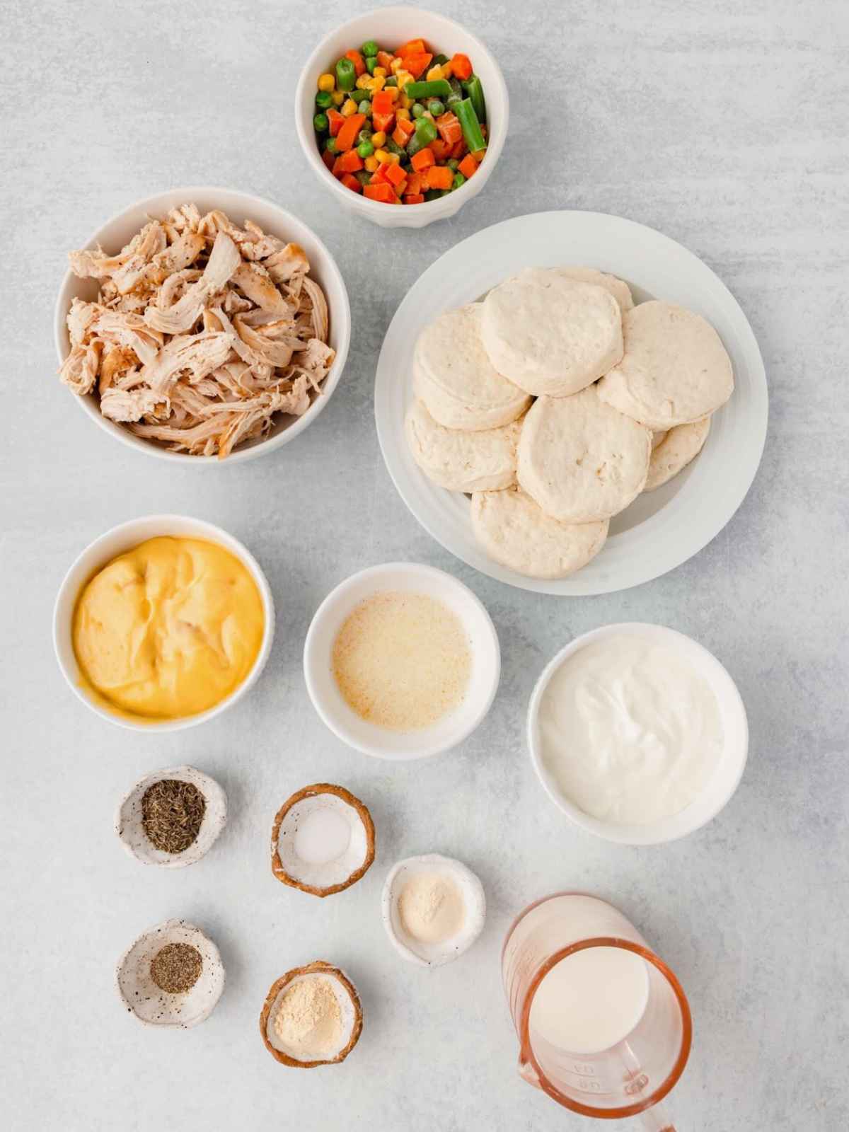 Ingredients needed to make chicken biscuit casserole.