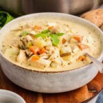 Bowl full of chicken potato soup ready to serve.