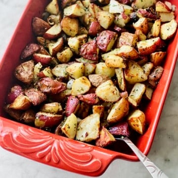 Roasted potatoes and onions ready to serve.
