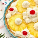 No Bake Pineapple Pie in a blue pie dish.