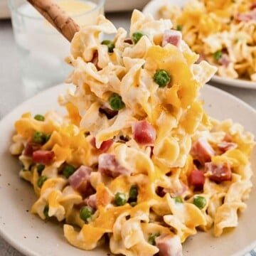 Spoonful of ham and noodle casserole being served on a dish.