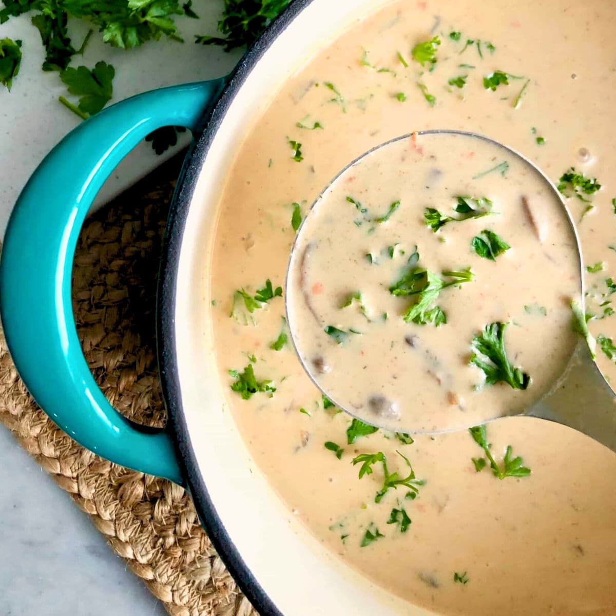 Ladle full of hungarian mushroom soup in a blue dutch oven.