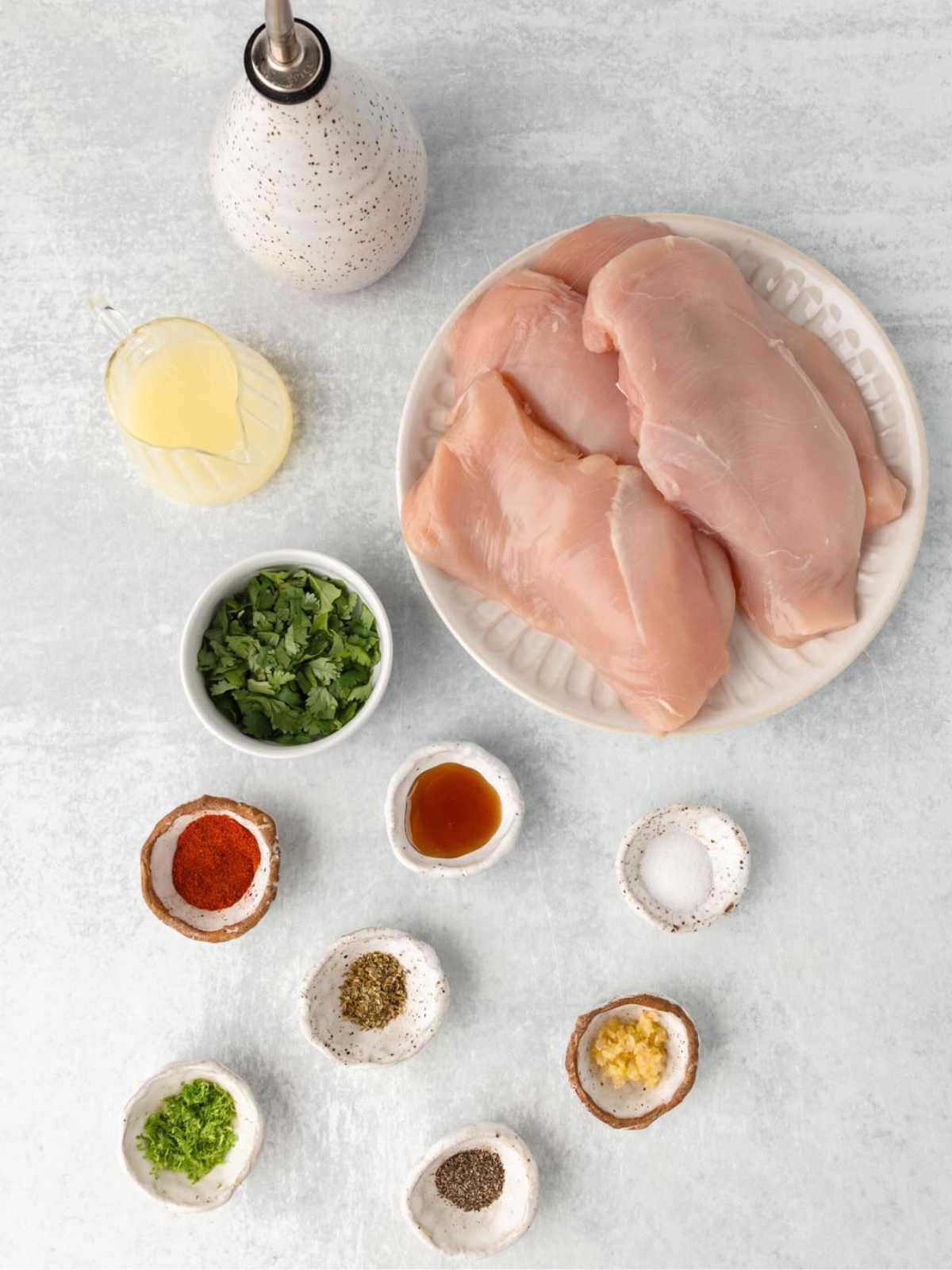 Raw chicken breasts on a plate, surrounded by spices, herbs, oil, and sauce in small bowls on a white surface.
