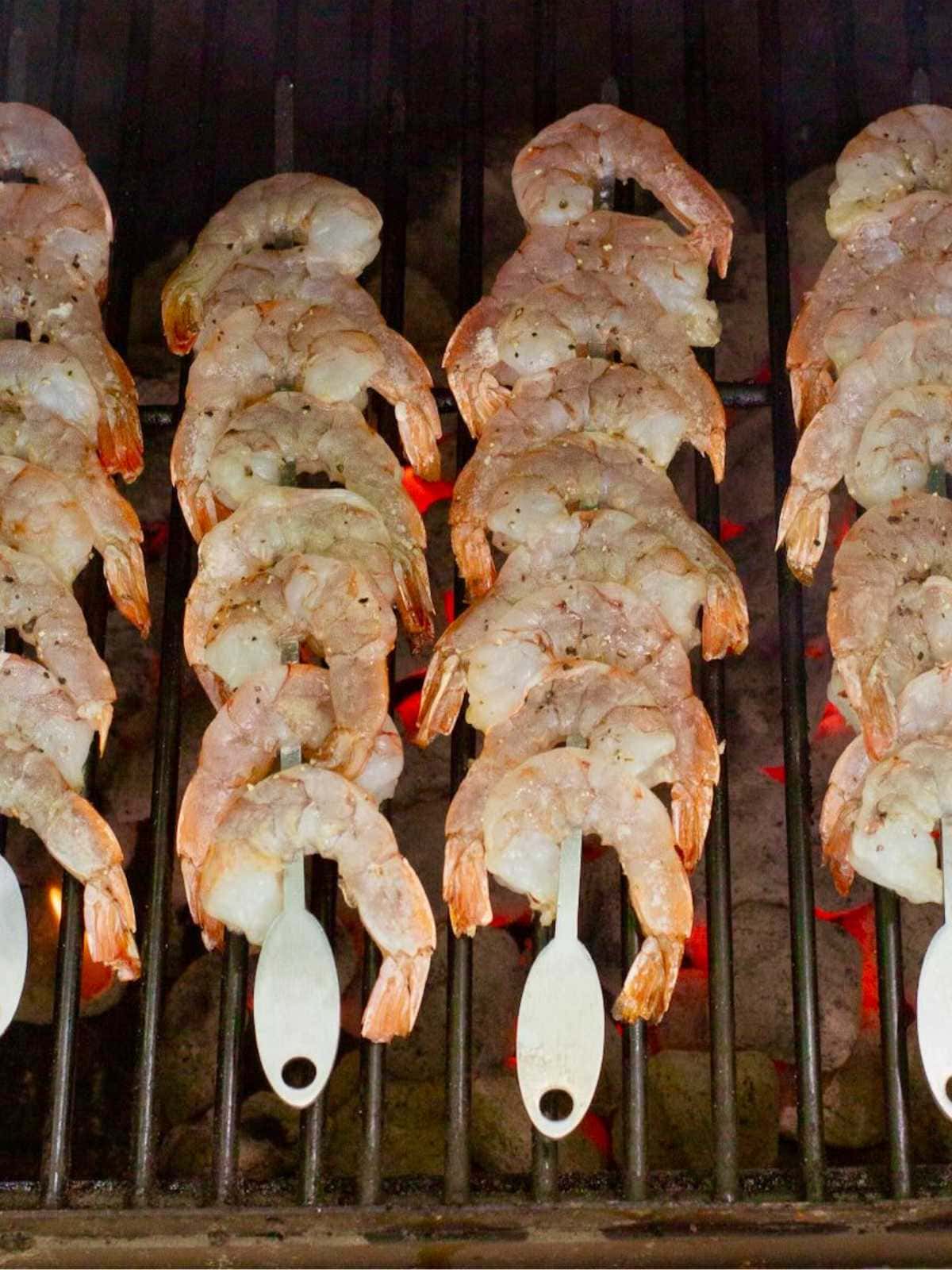 Skewered shrimp grilling over hot coals on a barbecue grill.