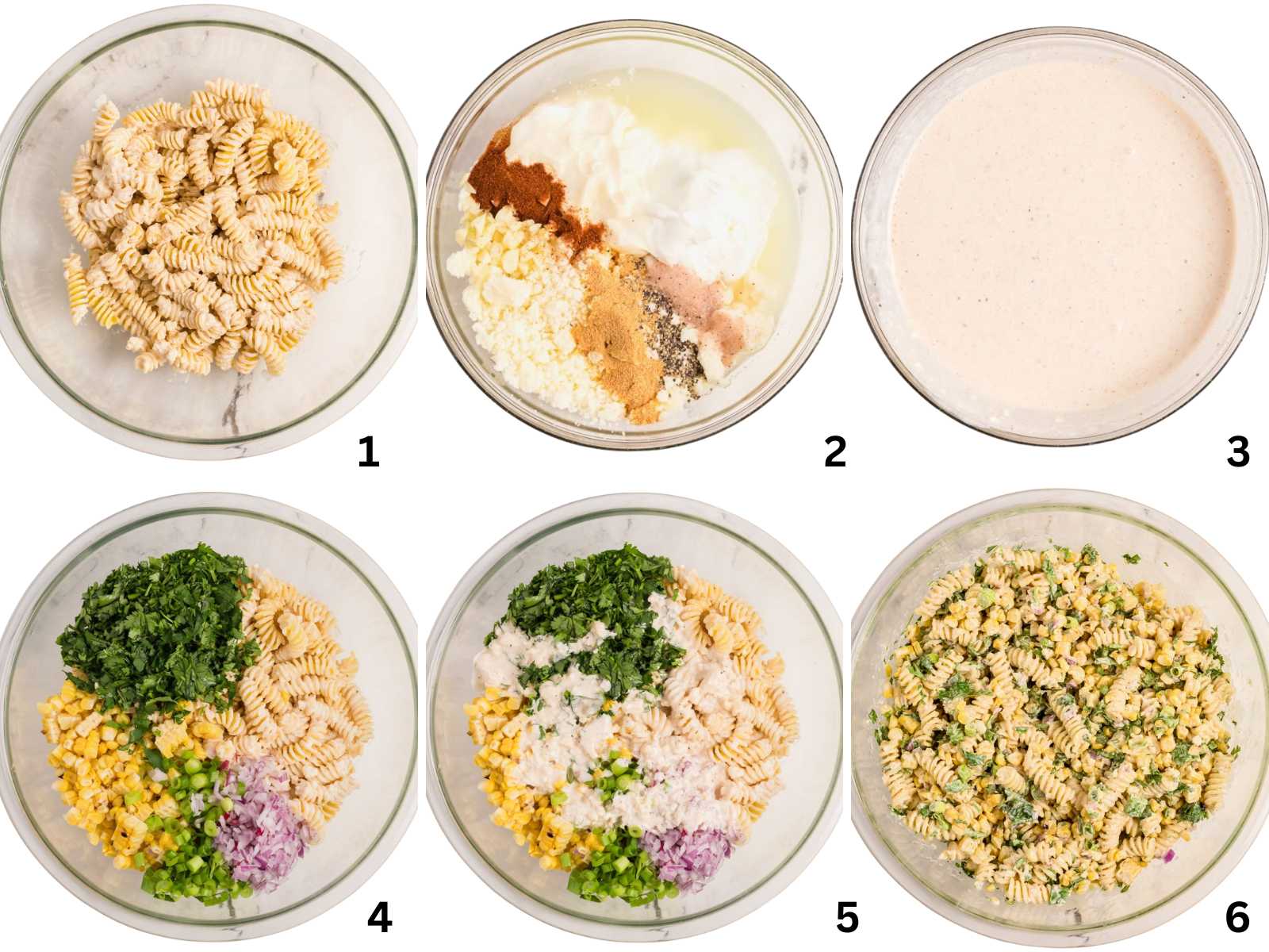 Six-step image showing street corn pasta salad ingredients being mixed in bowls, from dry to fully combined with dressing.