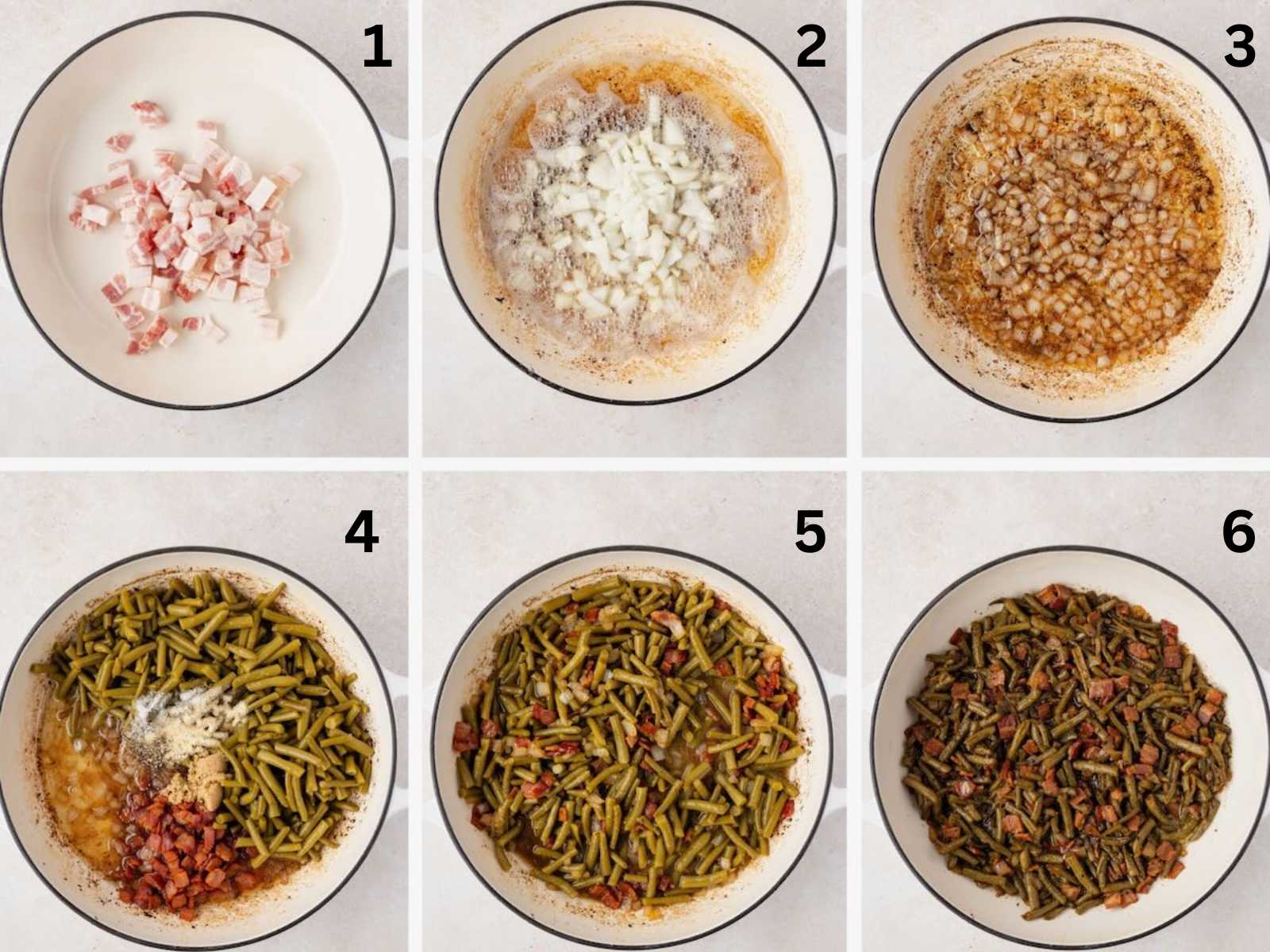 Six-step collage showing bacon, onion, and green beans being cooked together in a white pot from start to finish.