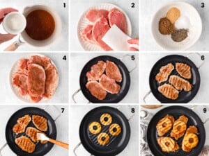 Nine-step collage showing seasoning, grilling pork chops, and adding pineapple rings to the pan.