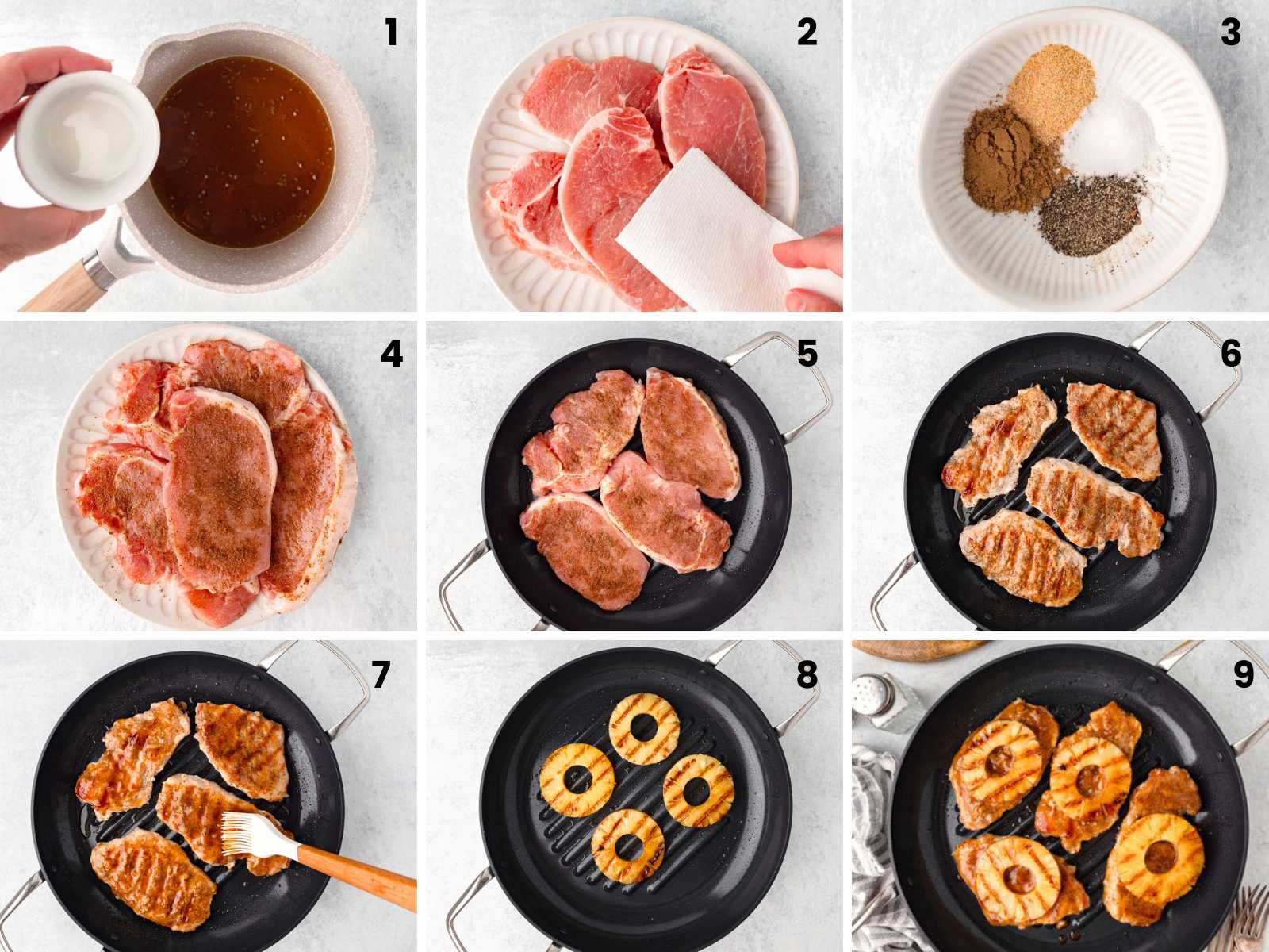 Nine-step collage showing seasoning, grilling pork chops, and adding pineapple rings to the pan.