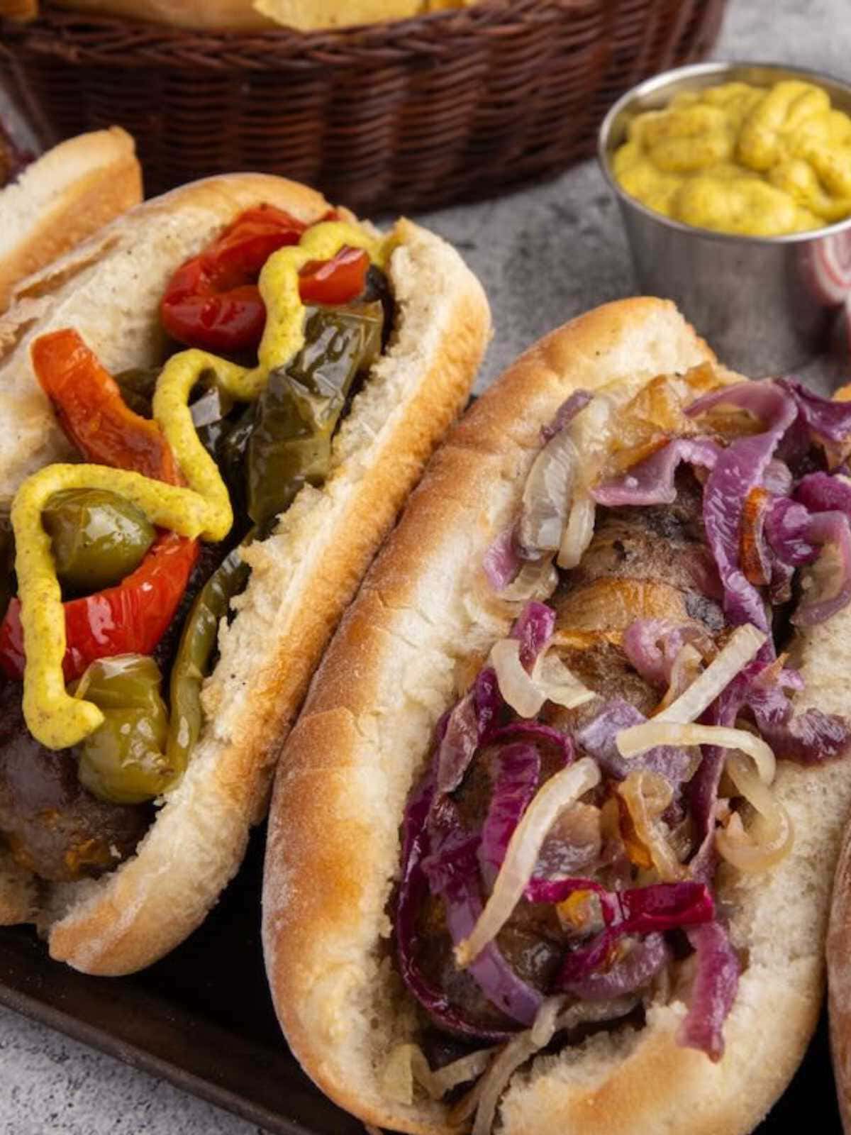 Two sausages in buns, one topped with peppers and mustard, the other with sautéed onions, with mustard in background.