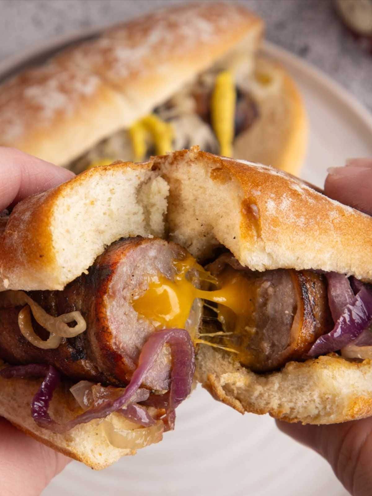 Hands hold a sausage sandwich with melted cheese, onions, and a soft bun; another sandwich is in the background.