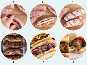 Six-step process of preparing stuffed, bacon-wrapped sausages, from raw to grilled and served in buns.