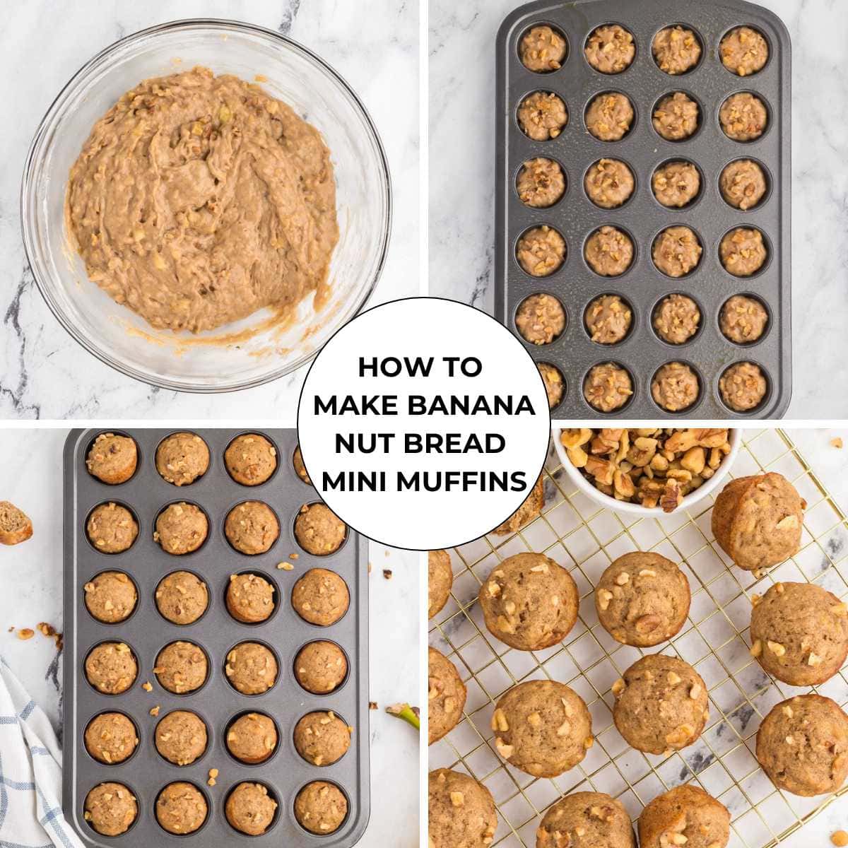 Collage showing banana nut muffin batter, muffin tins, and baked mini muffins on a cooling rack.