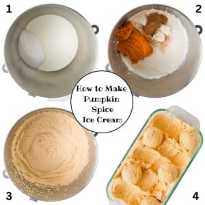 Step-by-step images showing how to make pumpkin spice ice cream, from mixing to finished scoops.