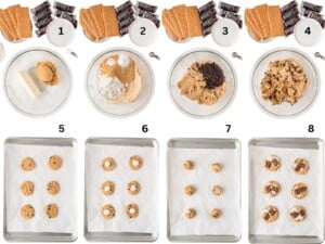 Step-by-step process of making smores cookies, shown in 8 stages from ingredients to assembled dough on trays.