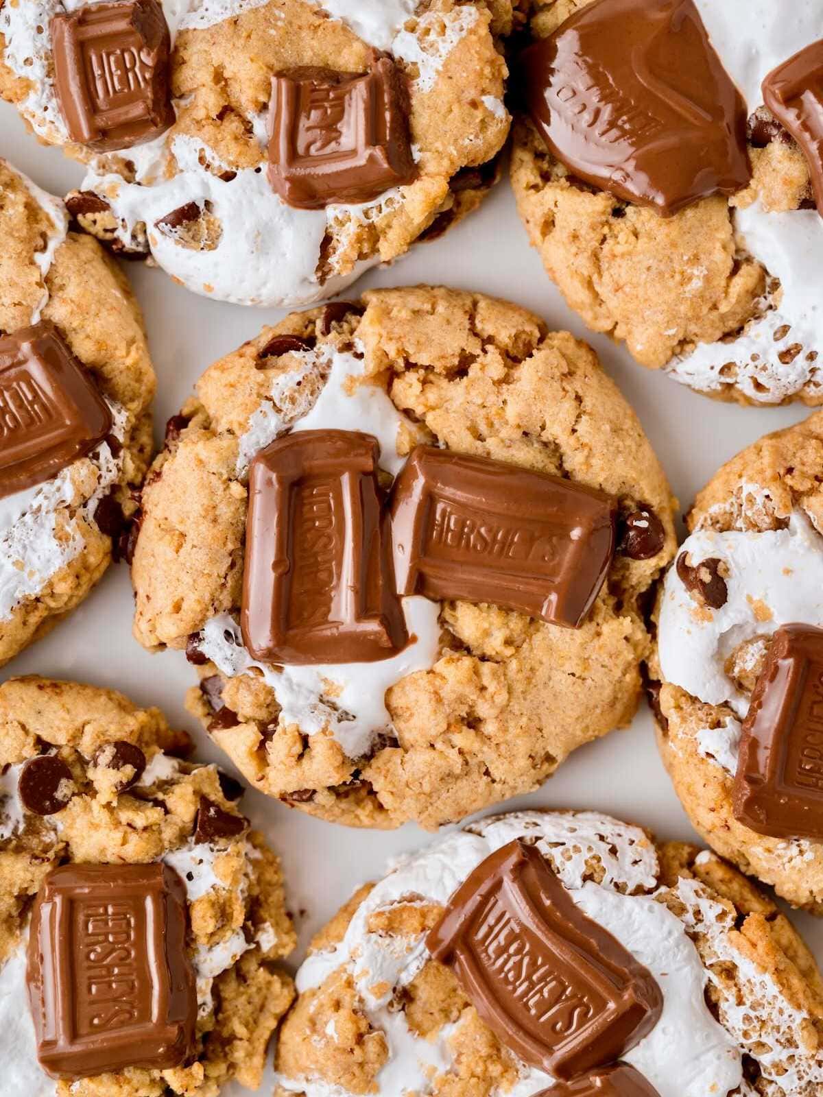 Cookies topped with melted chocolate pieces and gooey marshmallow, arranged closely together.