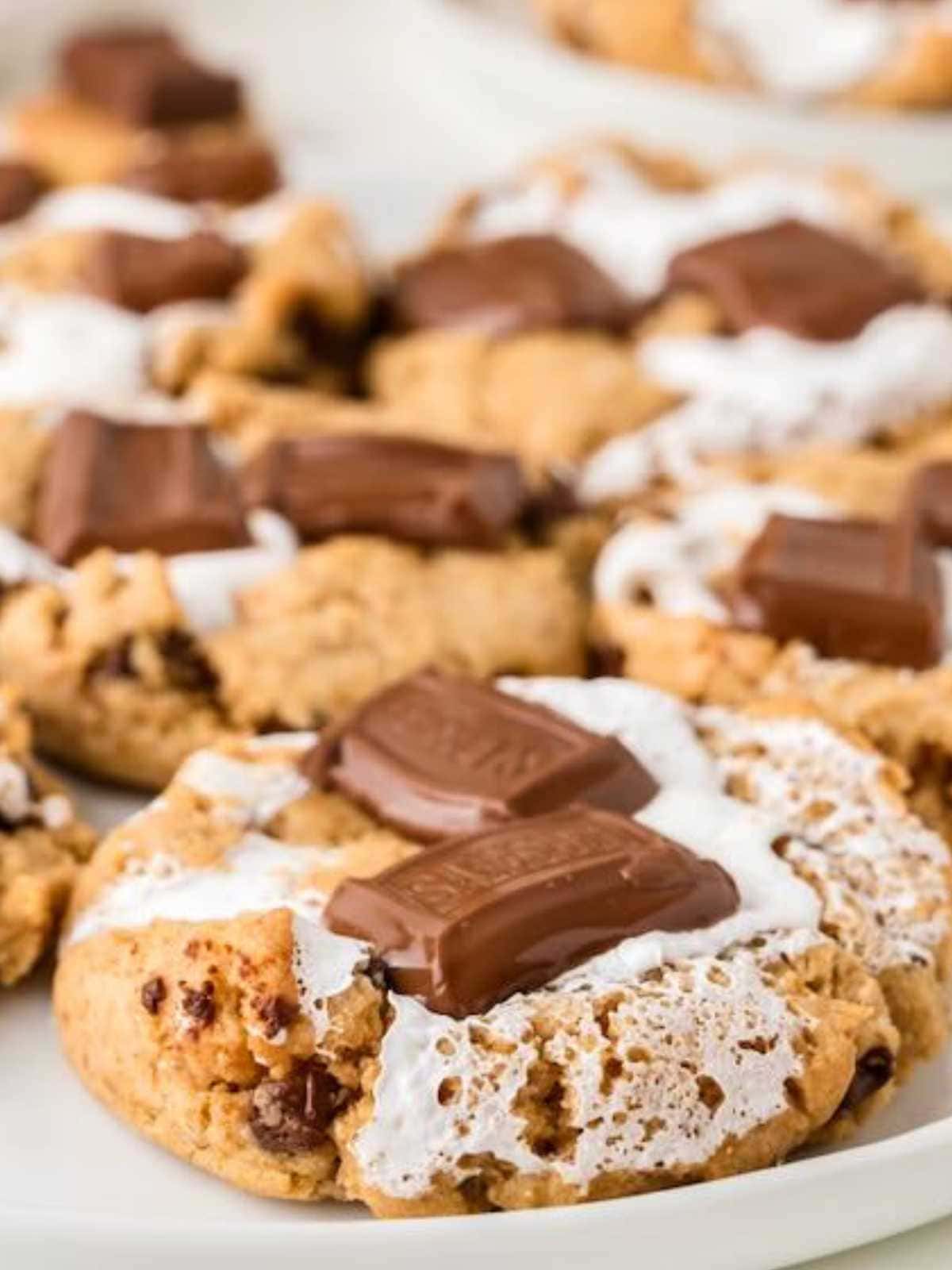 Close-up of cookies topped with melted chocolate pieces and swirls of marshmallow on a white plate.