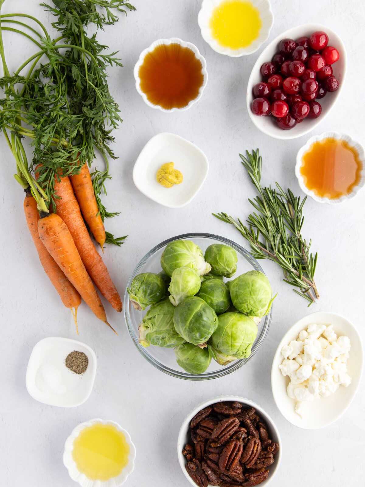 Carrots, brussels sprouts, pecans, cranberries, cheese, herbs, and sauces arranged on a white surface.