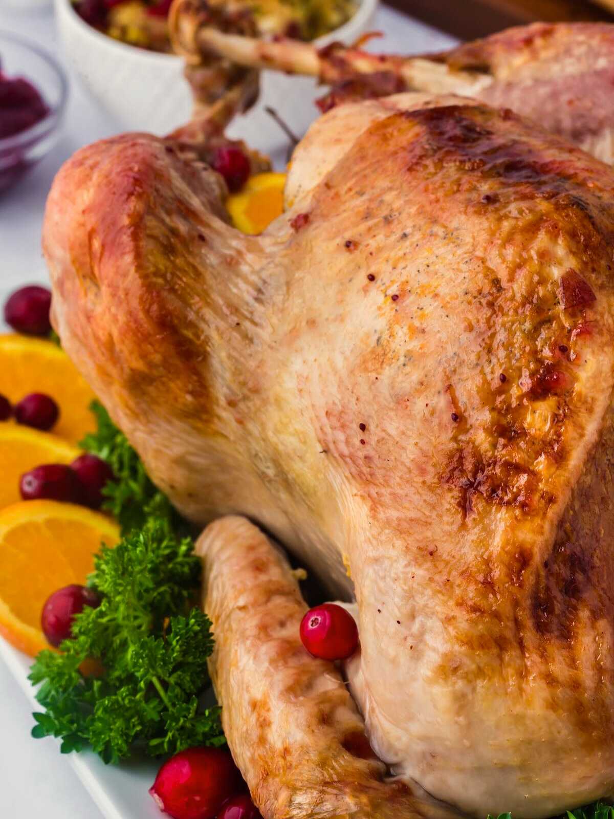 Cranberry glazed turkey on a platter, garnished with parsley, cranberries, and orange slices.