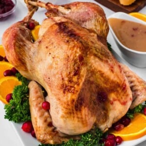Roast turkey on a platter, garnished with orange slices, parsley, and cranberries, with gravy on the side.
