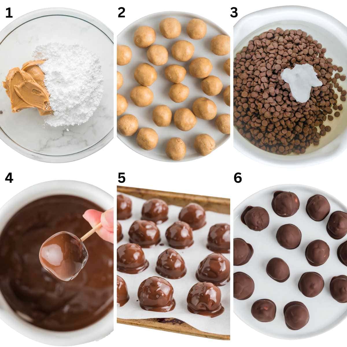 Step-by-step process of making chocolate peanut butter balls, from mixing to dipping and finished treats.