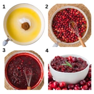 Step-by-step images showing the process of making cranberry sauce in a saucepan and served in a white bowl.