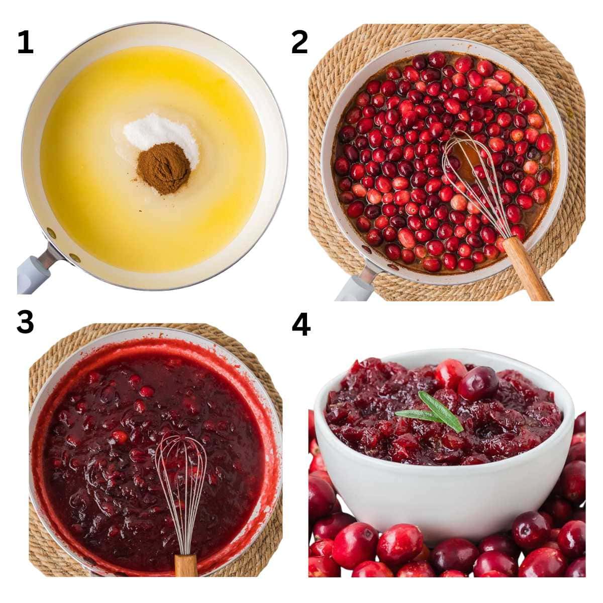 Step-by-step images showing the process of making cranberry sauce in a saucepan and served in a white bowl.