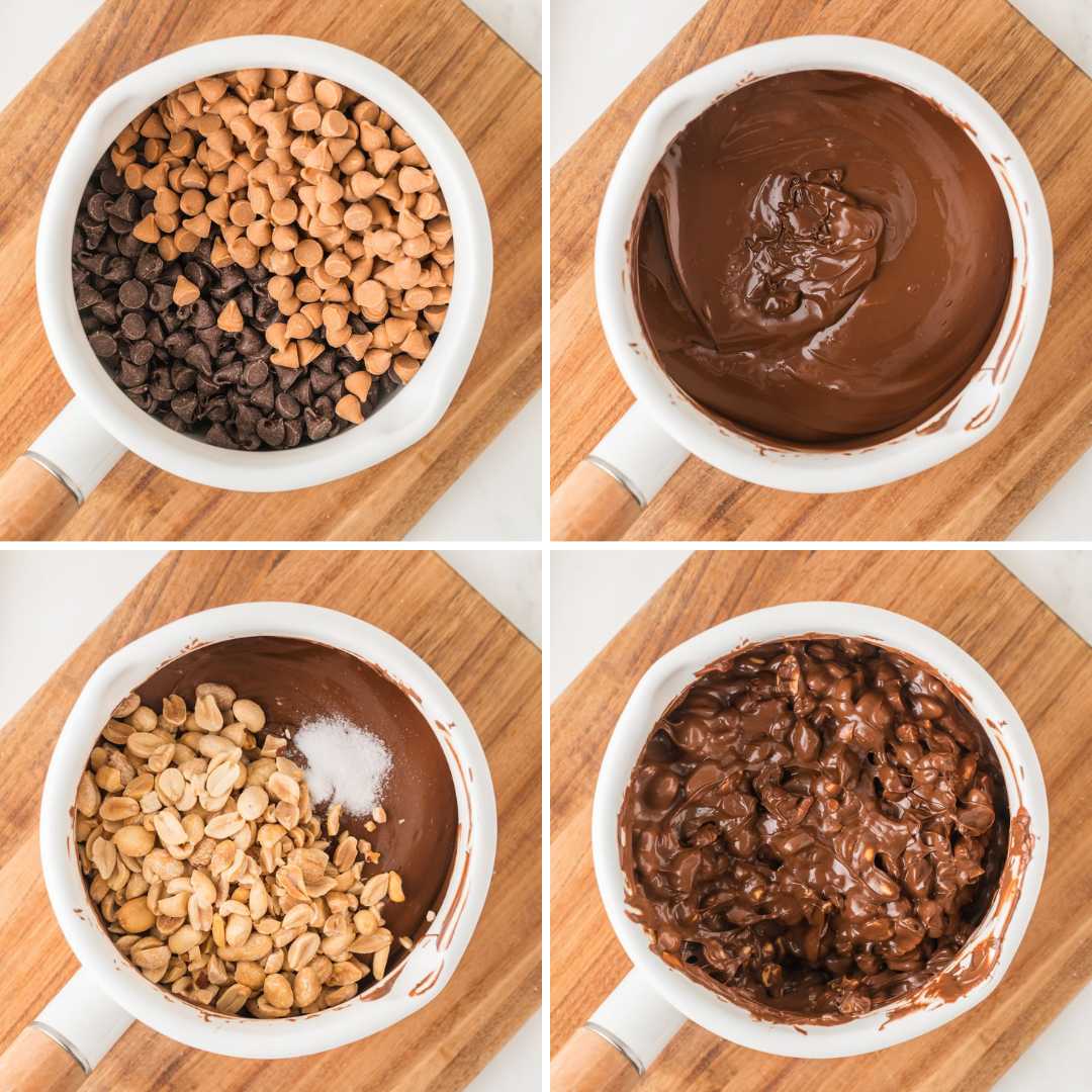 Four-step collage: chips in a pan, melted chocolate, added peanuts and salt, then a mixed, chunky chocolate mixture.