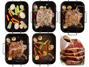 Five steps of roasting beef with vegetables, ending with sliced prime rib and gravy being poured on top.